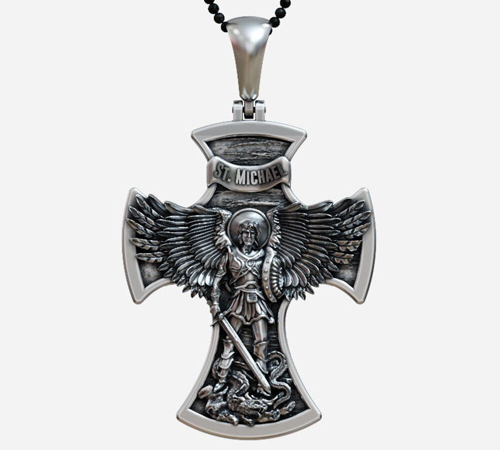 21g Big Cross Saint Michael the Archangel with Prayer Pendant 925 Sterling Silve