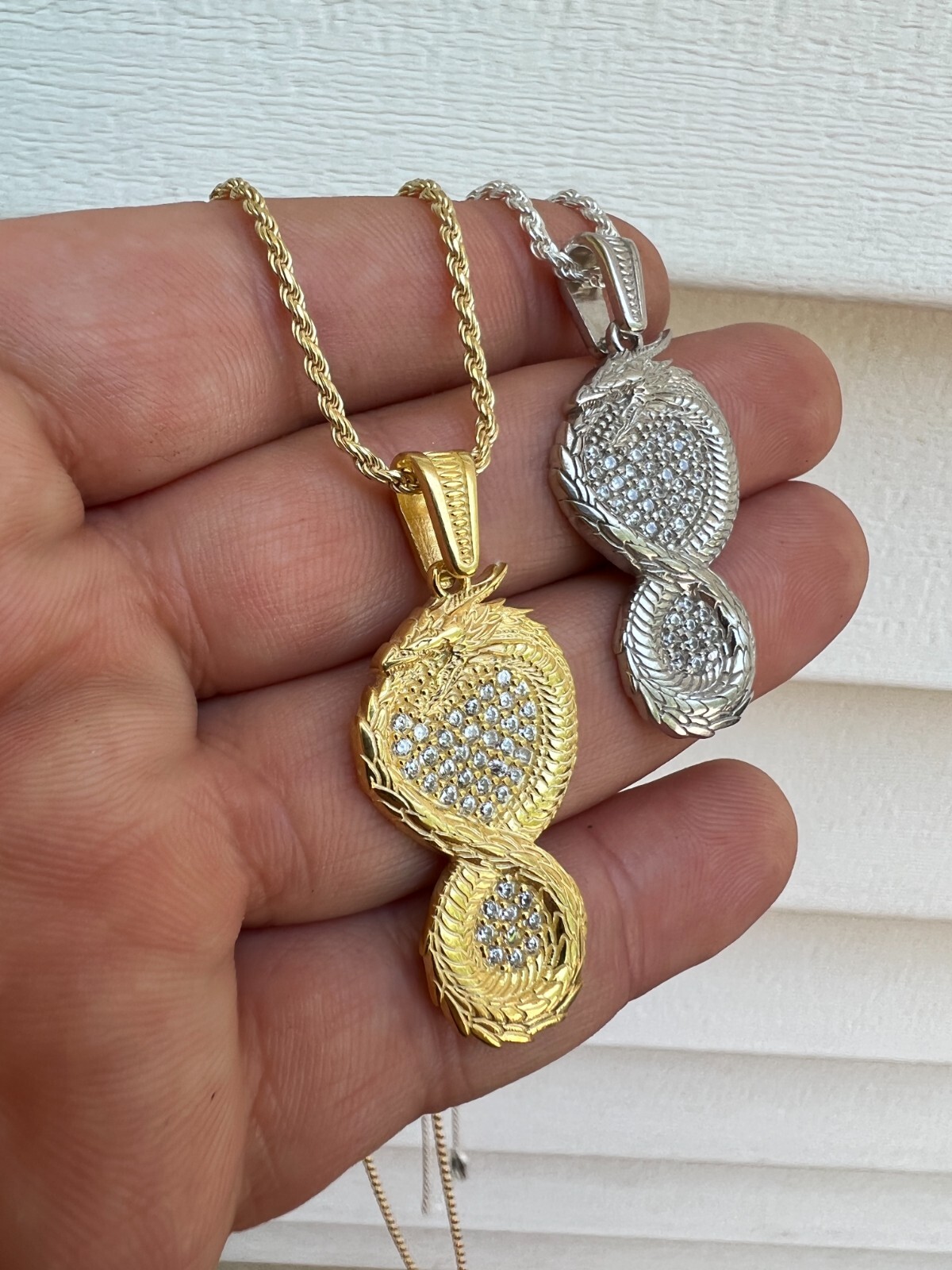 Real 925 Silver / 14k Gold Plated Dragon Infinite Flame Pendant Necklace Iced CZ