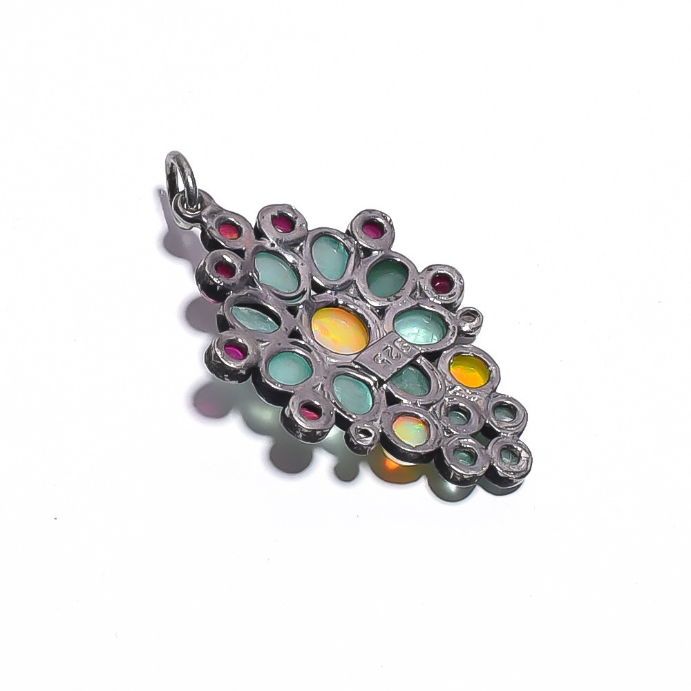 Ethiopian Opal Emerald Ruby Gemstone 925 Sterling Silver Pendant 1.3″ P-354