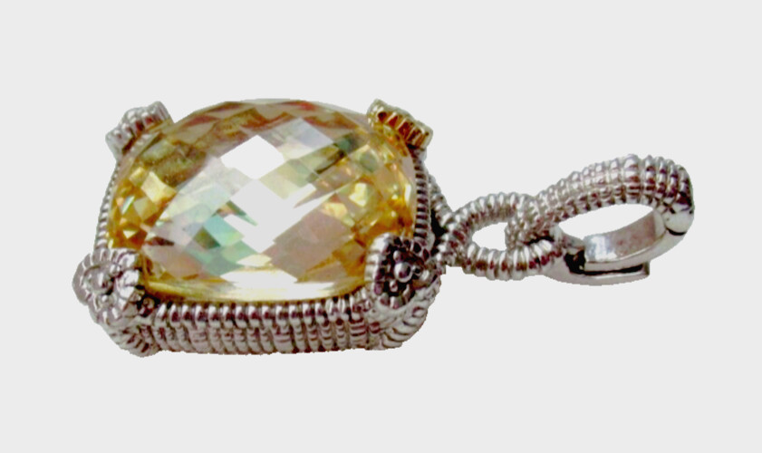 Judith Ripka JR TWO SS & 18K Gold Canary Quartz & Diamond Pendant Enhancer G-Box