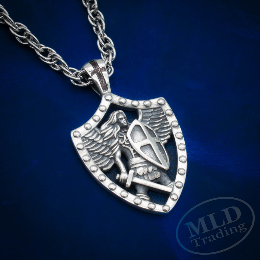 MLD 925 Sterling Silver Saint St Michael Shield Pendant Necklace w/ 22″ Chain