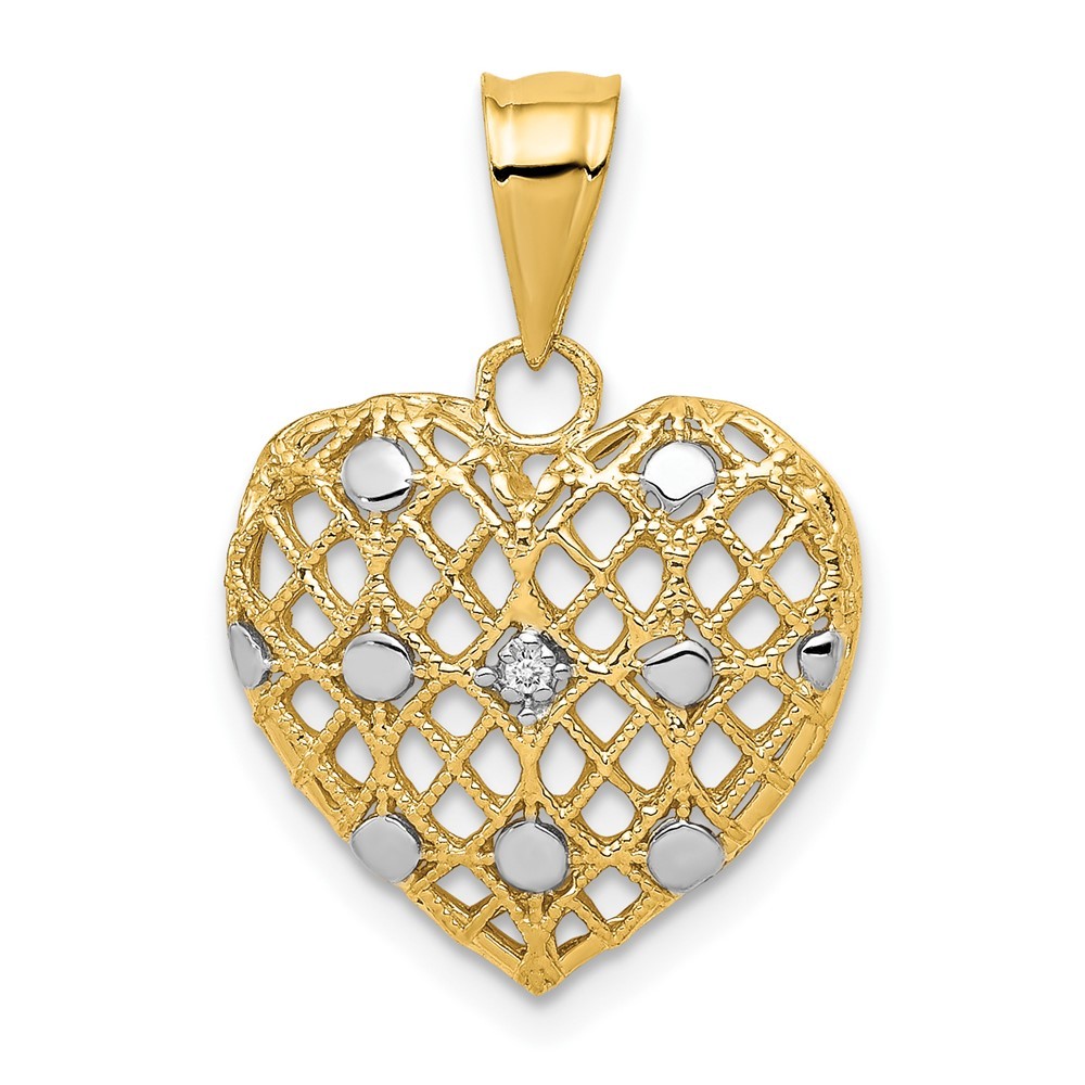 10k Yellow Gold and White Rhodium 1/2pt Diamond Heart Pendant L-0.87 Inch