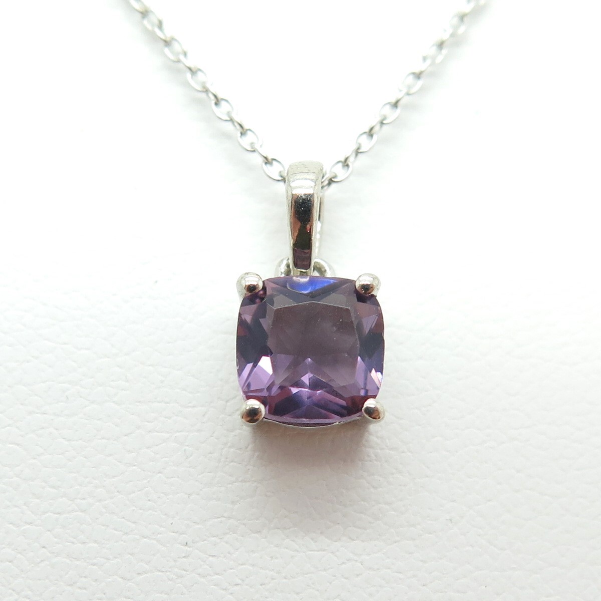 925 Sterling Silver Real Cushion-Cut Amethyst Cable Chain Necklace 18″