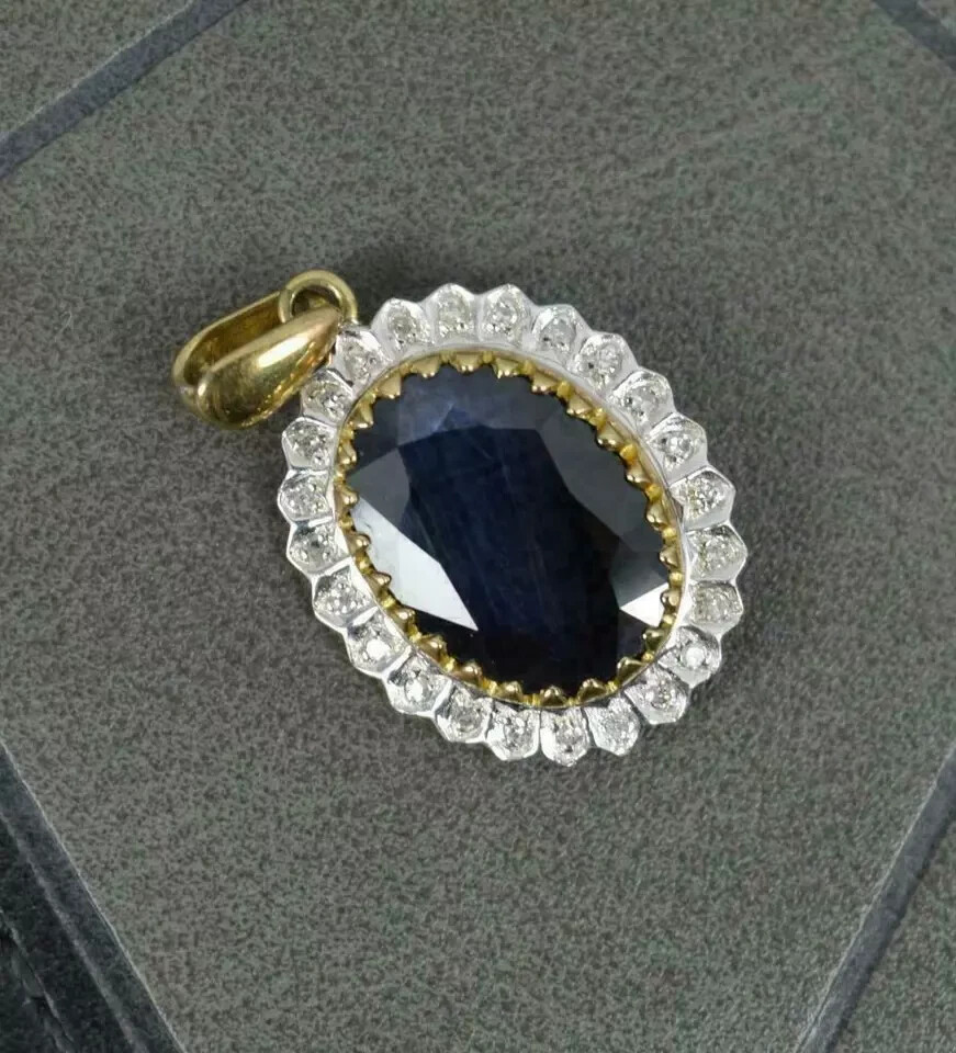 3Ct Oval Cut Sapphire Halo Pendant 14K Two Tone Gold Finish Free Chain