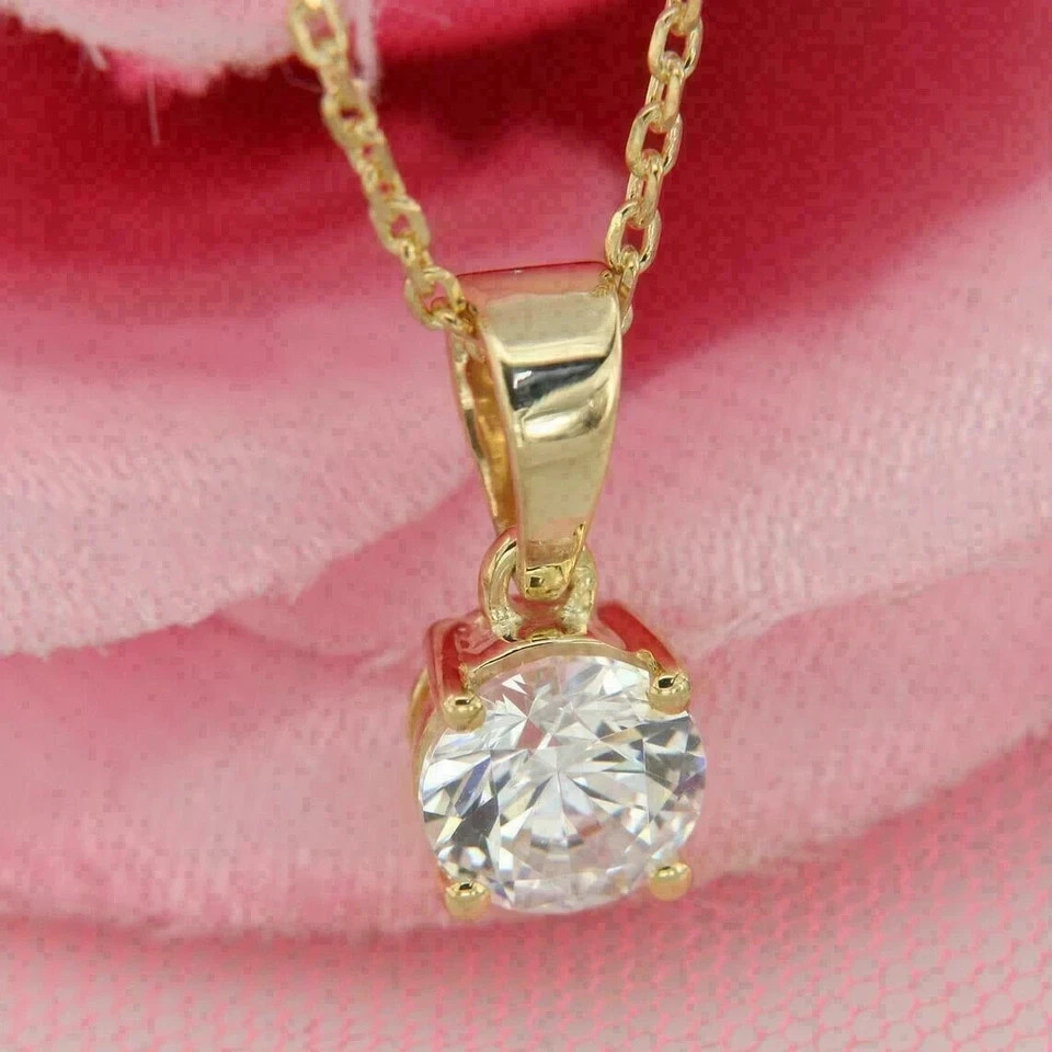 2Ct Round Cut Real Moissanite Solitaire Pendant Free Chain 14K Yellow Gold Over