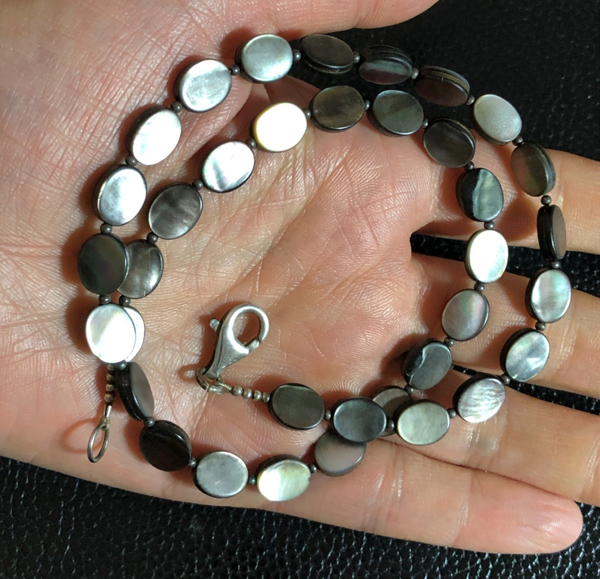 Natural Tahitian Mother of Pearl Gemstone Bead Strand Necklace 925 Silver 6120