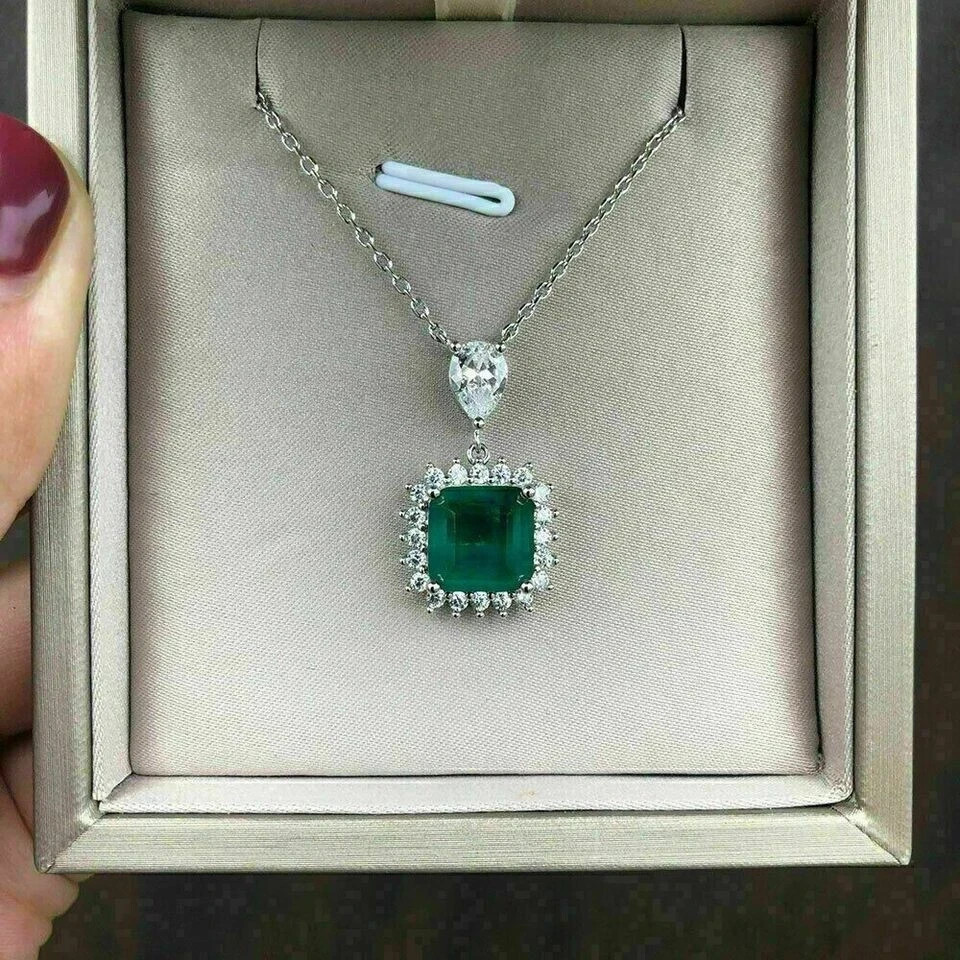 3Ct Asscher Cut Lab Created 14K White Gold Plated Emerald Halo Pendant Necklace