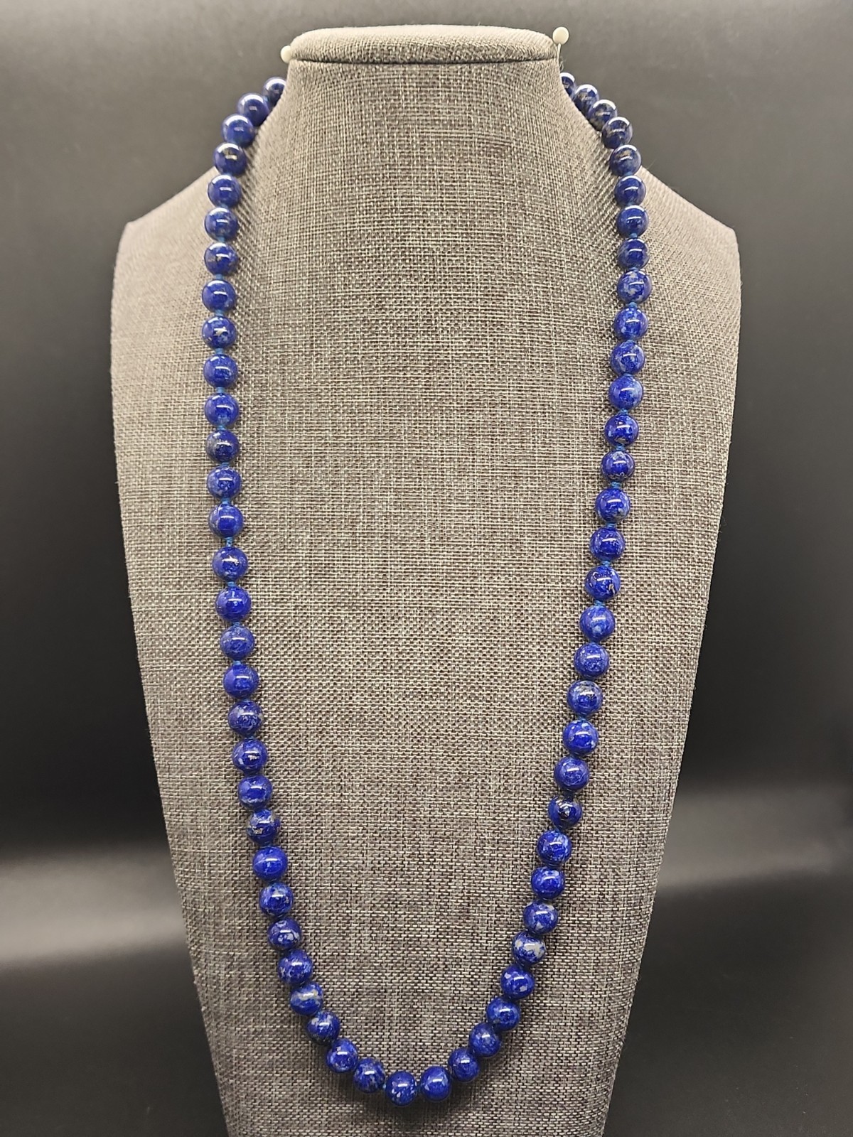 24” Natural Lapis Lazuli 8mm Bead Necklace Matinee Length Hand Knotted 14k Clasp