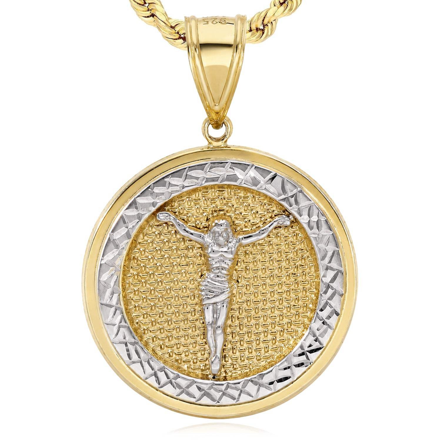 10K Yellow Gold-Filled Jesus Round Medallion Pendant 2″