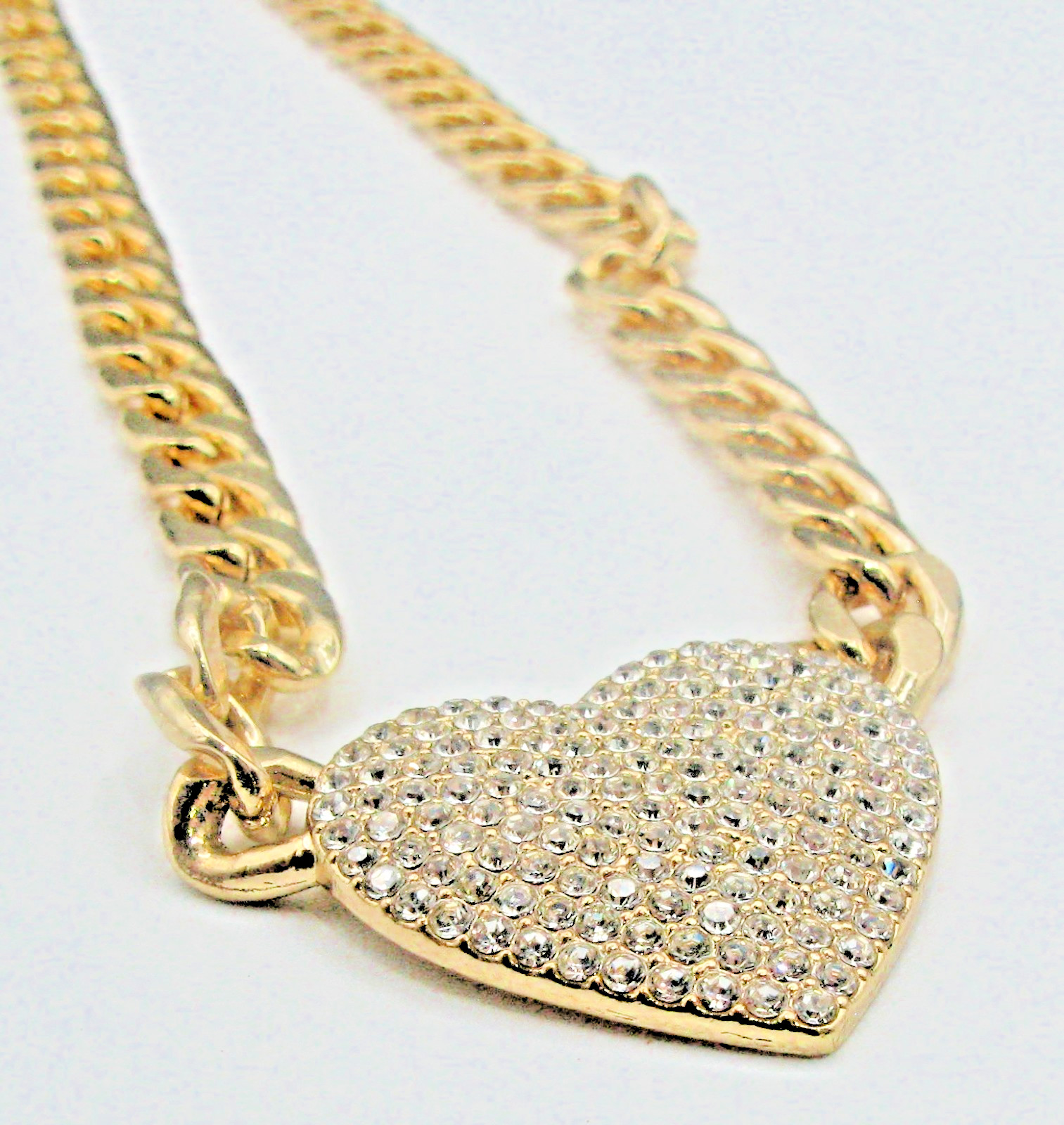 Gold Tone Heart Pendant Necklace Rhinestone Pave Curb Chain Fashion Jewelry