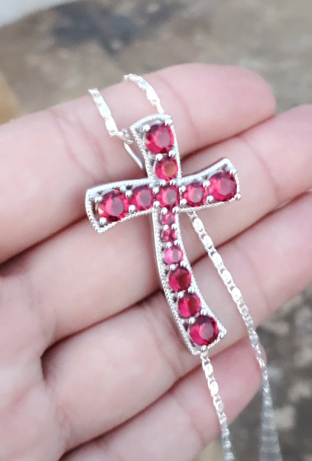Sterling Silver 925 Raspberry Rhodolite Garnet Cross Pendant Chain Necklace NEW