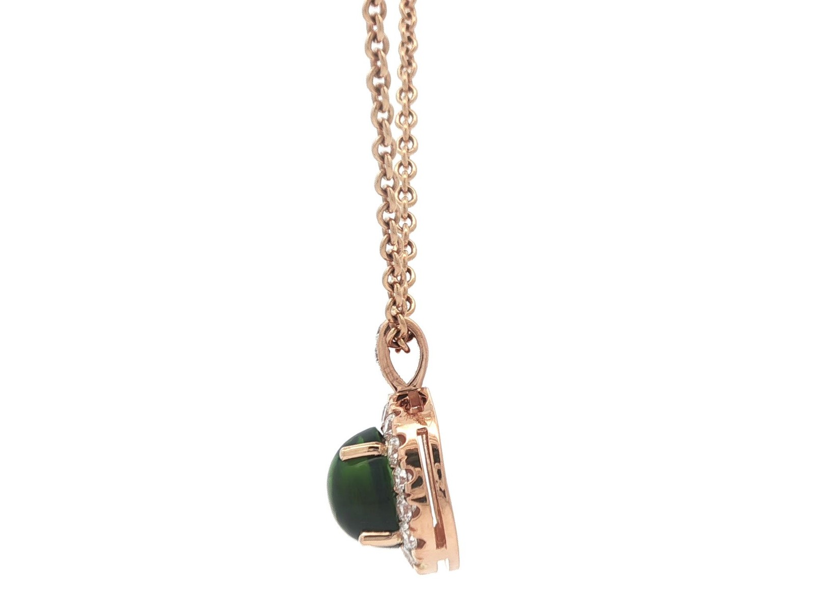Rosy Yellow Gold High Quality Green Tourmaline Diamond Halo Pendant Necklace
