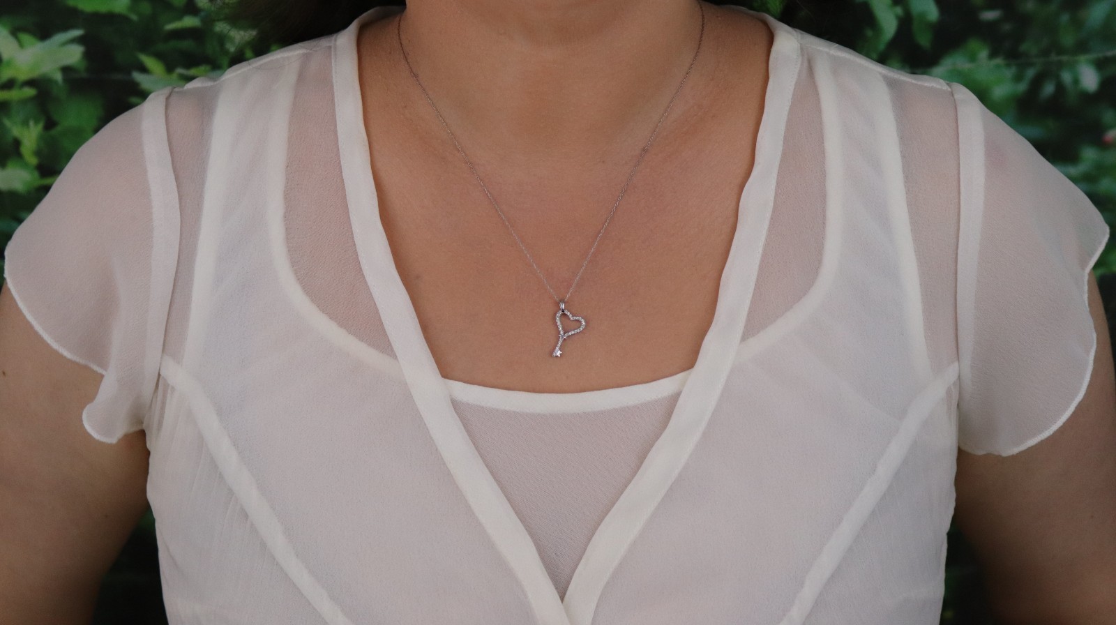 Pendant Only 14K White Gold Diamond Heart Key Pendant 3/4″ x 1/2″ inch