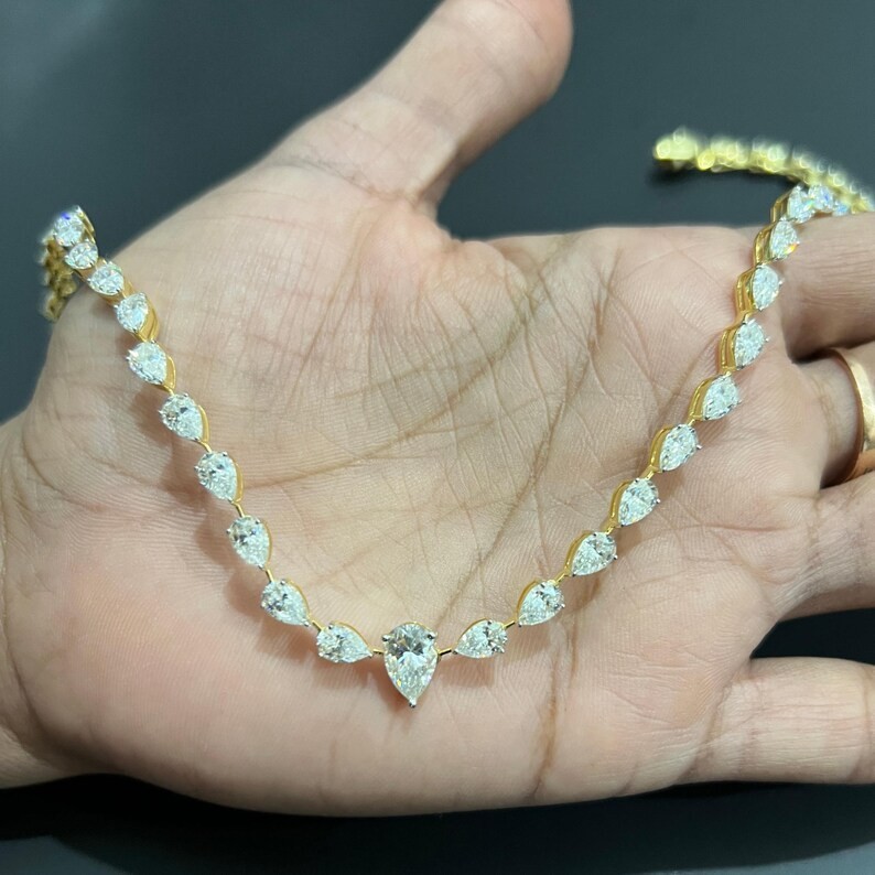 Graduated Tennis Necklace 18Ct Pear Lab-Created Diamond 14K Yellow Gold Over 18″