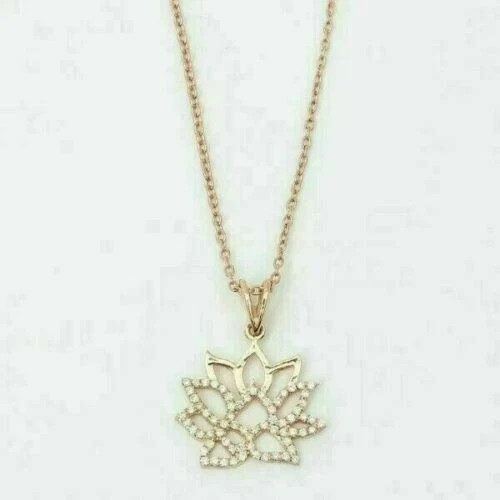 1Ct Round Cut Diamond Lotus Flower Pendant 14K Rose Gold Finish 18” Free Chain