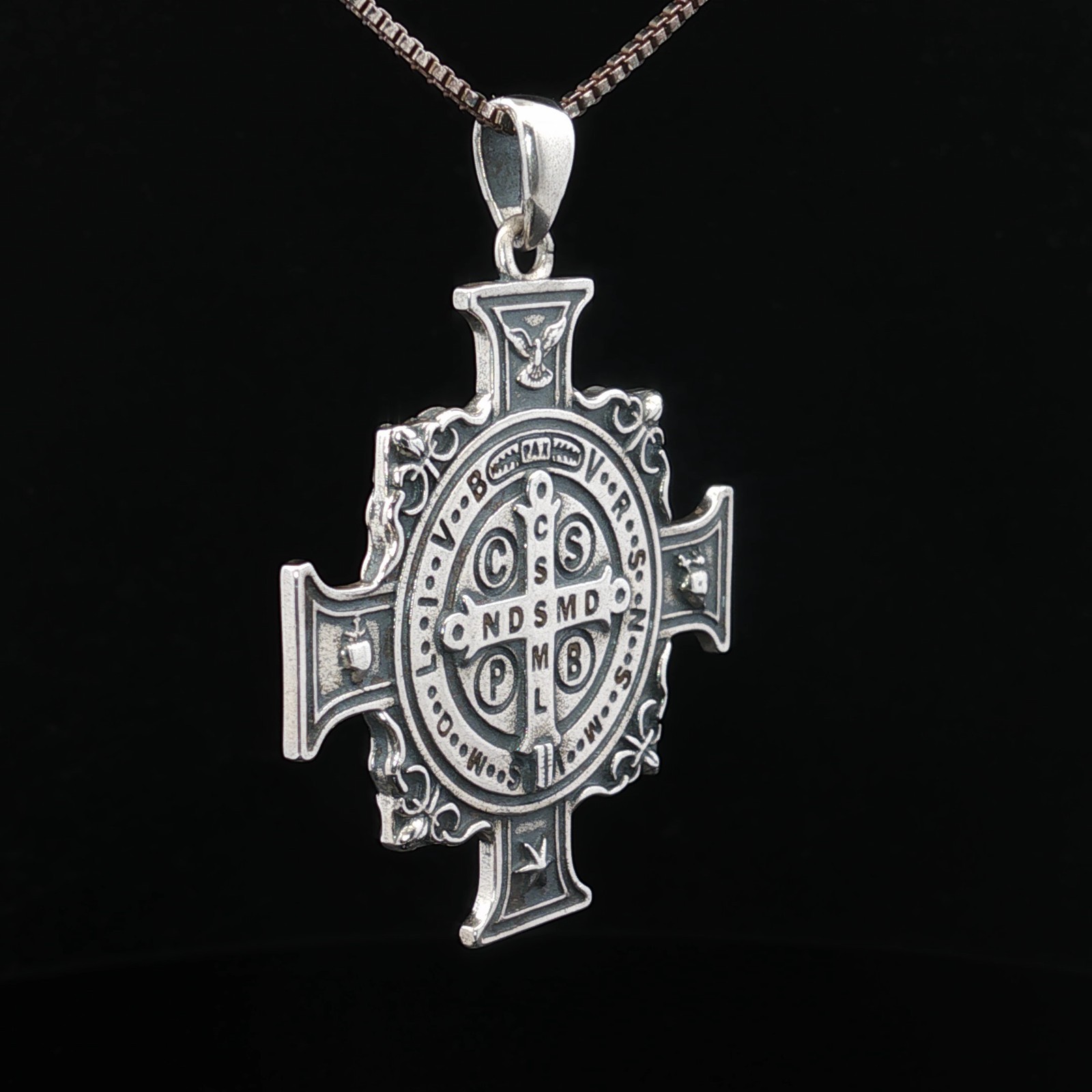 925 Sterling Silver Saint Benedict Two-Sided Cross Necklace