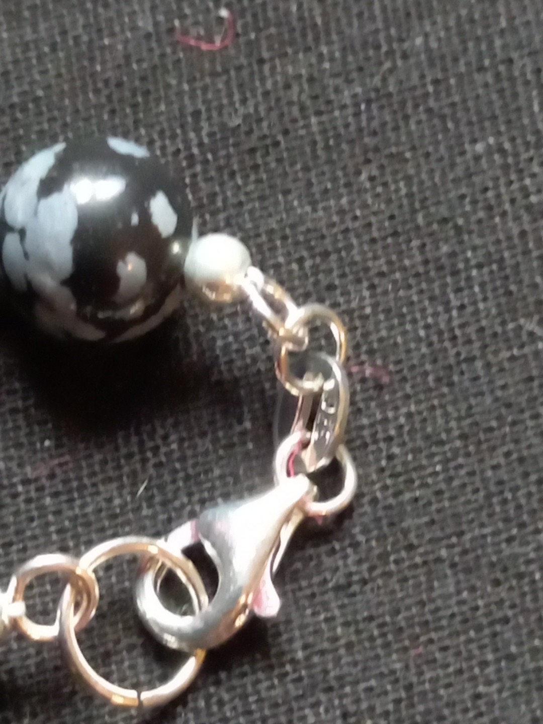 Natural Snowflake Obsidian 10mm Rounds 925 Sterling Silver Necklace 16in 40cm