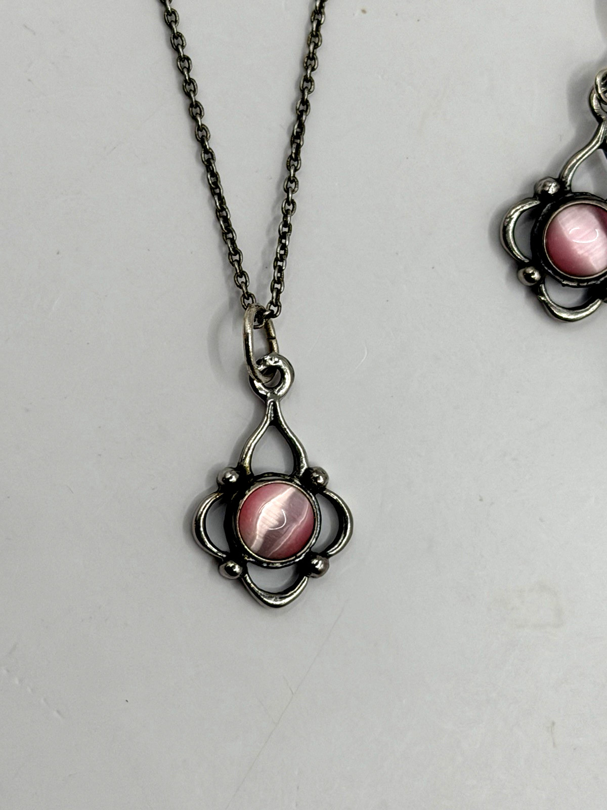 3 Pc Set Pink Cat Eye Necklace + Dangle + Stud Earrings Set 925 Sterling Silver