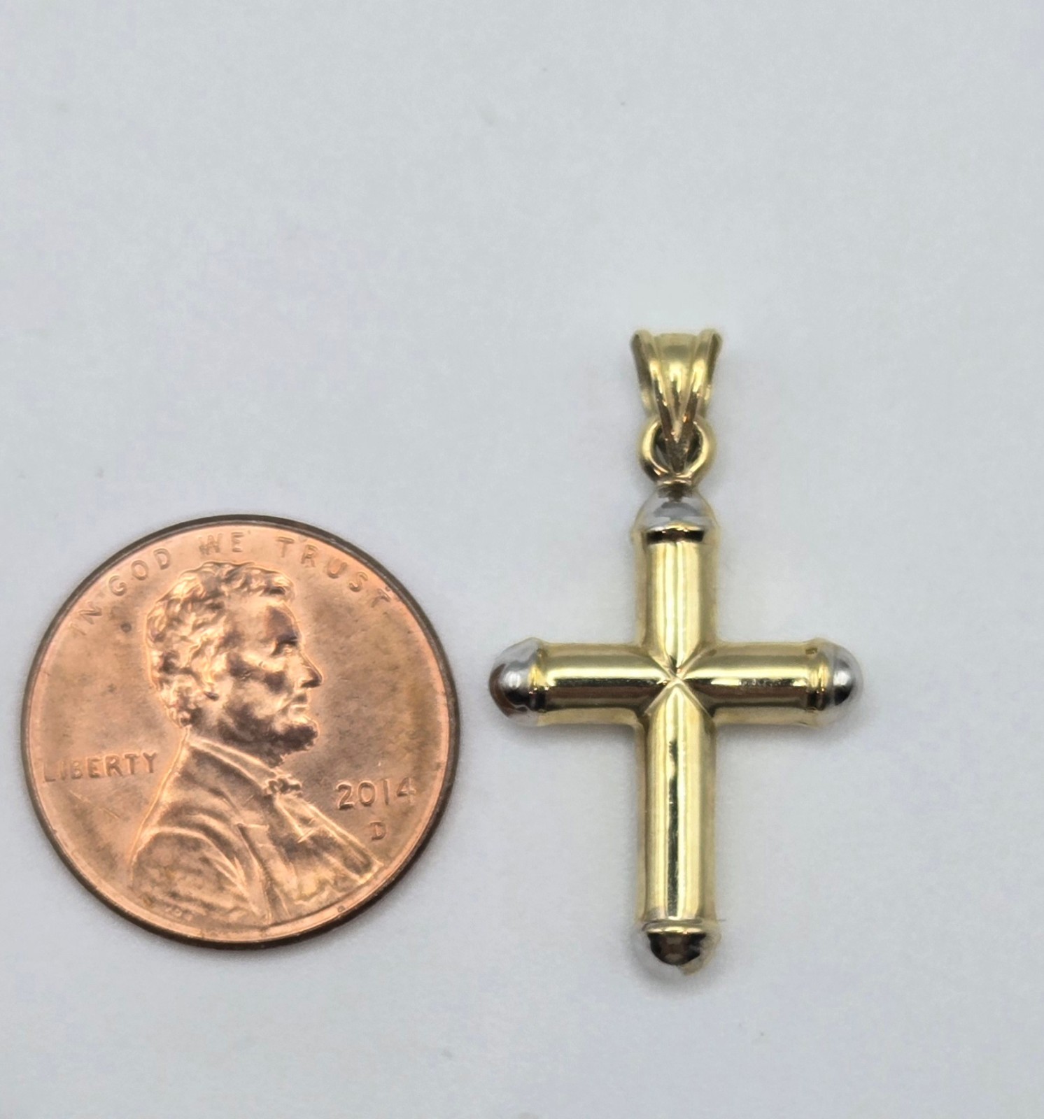 NEW Solid 10K Yellow Gold 1in Cross Pendant, White Gold 3.5mm Bail, ITALY