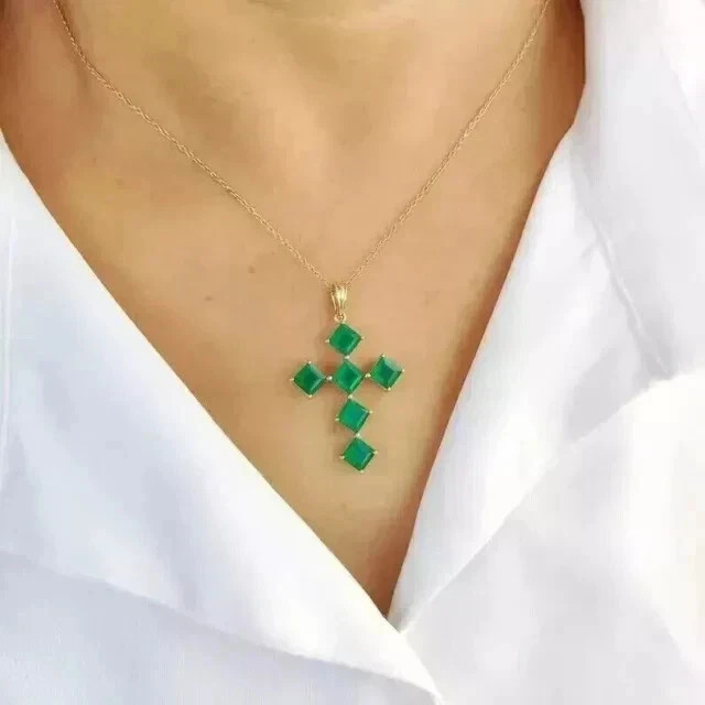 3CT Princess Cut Lab Created Green Emerald Cross Pendant 14K Yellow Gold Plated