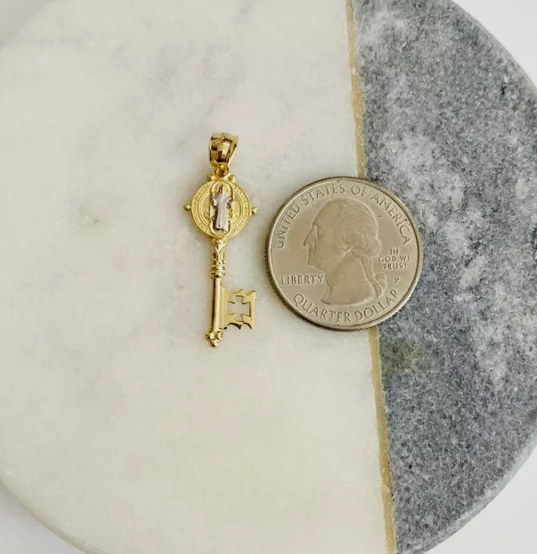 14K Gold Plated Saint Benedict Key – 1.3″ Pendant 925 Sterling Silver San Benito
