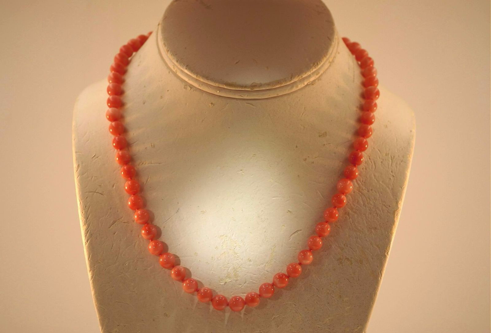 6.7mm Genuine Natural Round Pink Salmon Coral 14k Yellow Gold Necklace 17.75″