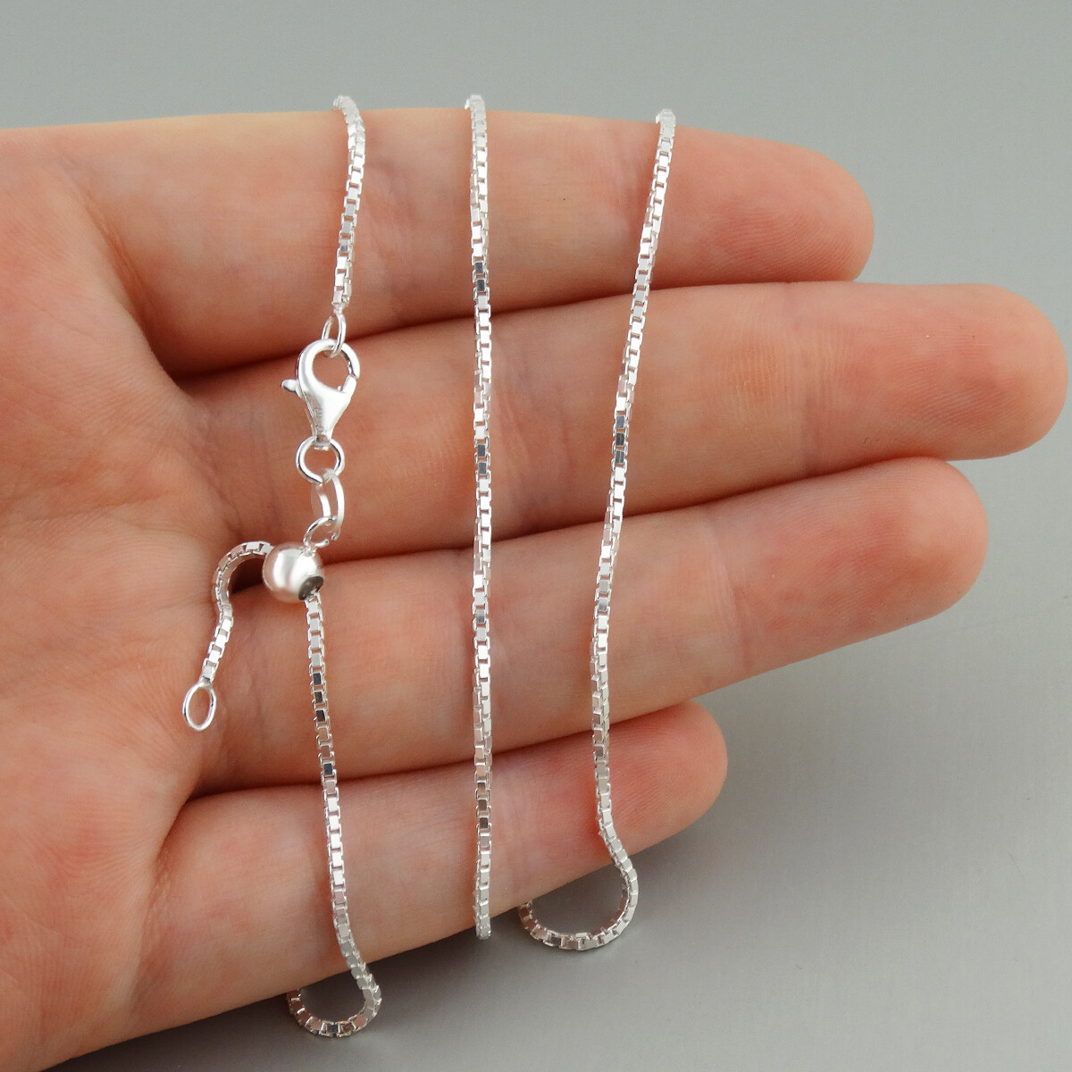 Adjustable Box Chain Necklace 925 Sterling Silver 1.2mm Adjusts up to 24″ Long