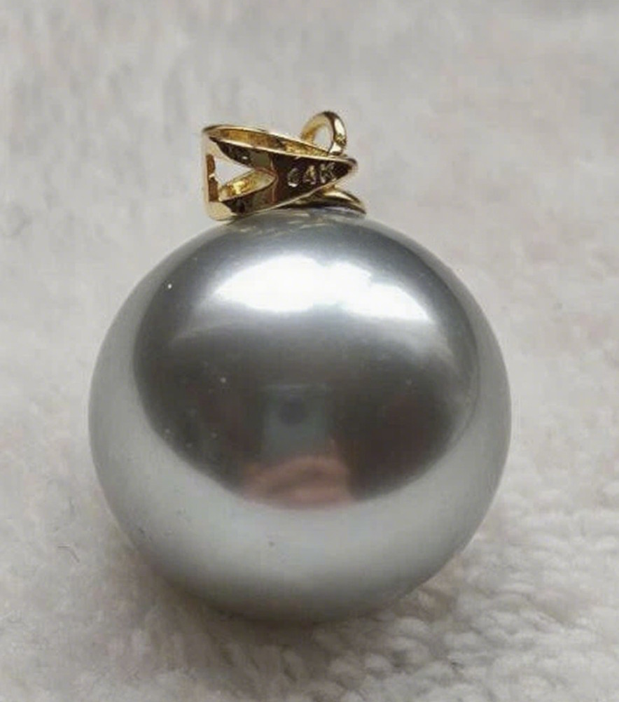 Huge AAAA Round Grey 12-13mm Natural South Sea Pearl Pendant in 14K Gold