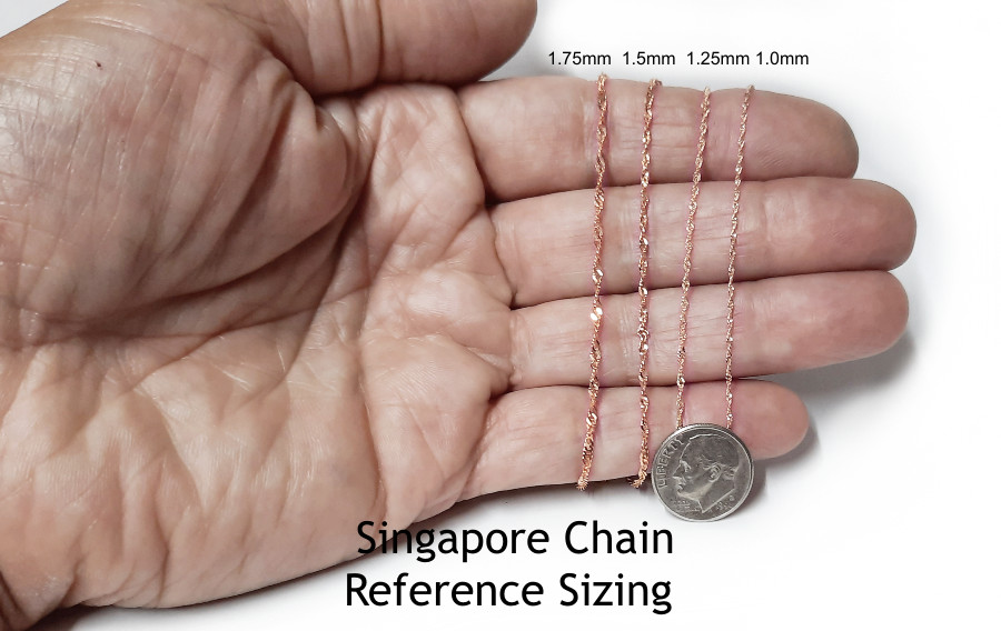 14K Rose Gold Singapore Chain 1.1mm wide Sparkling Necklace Spring Ring Clasp