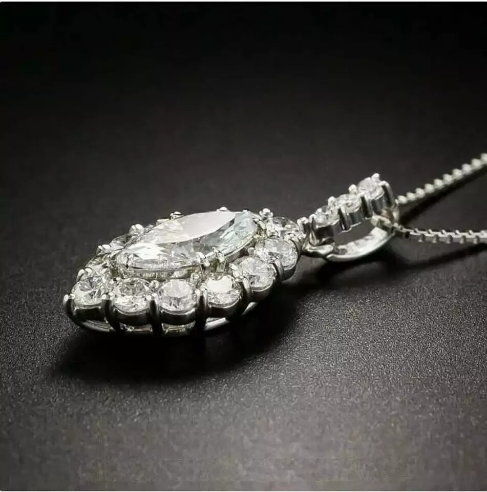 3 Carat Marquise Cut VVS1 Diamond Halo Pendant 14K White Gold Finish