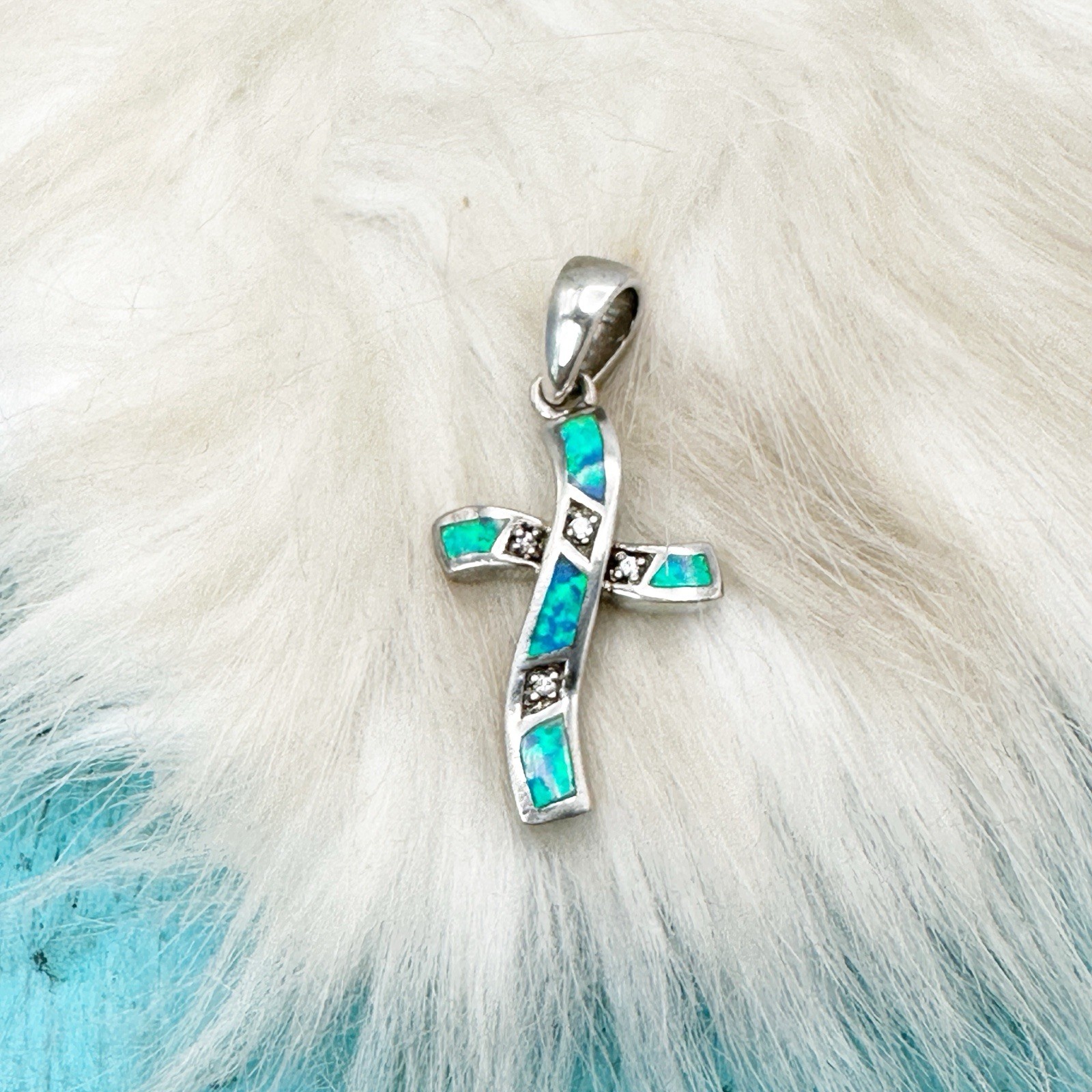 Opal Crystal Sterling Silver Cross Pendant 925 Signed 1 1/4″