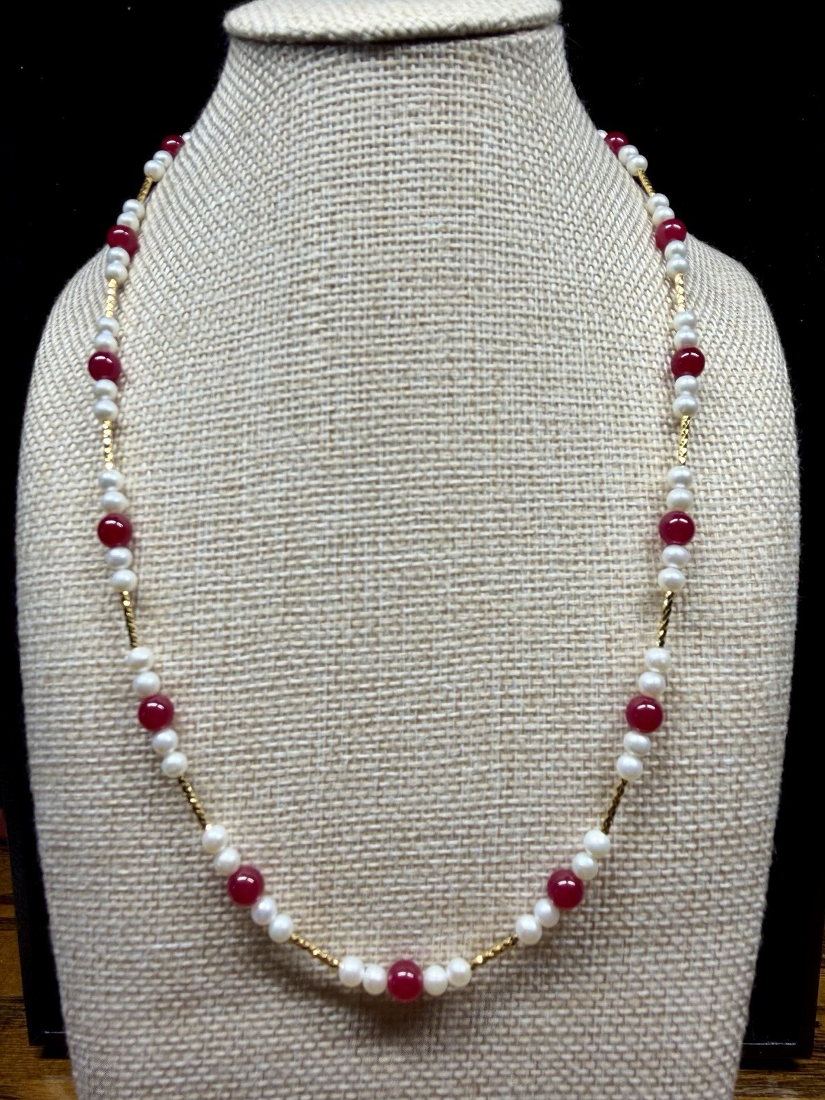 Ruby w/ Natueal cultured Pearl Necklace 925 Solid Sterling Silver Gold Plated