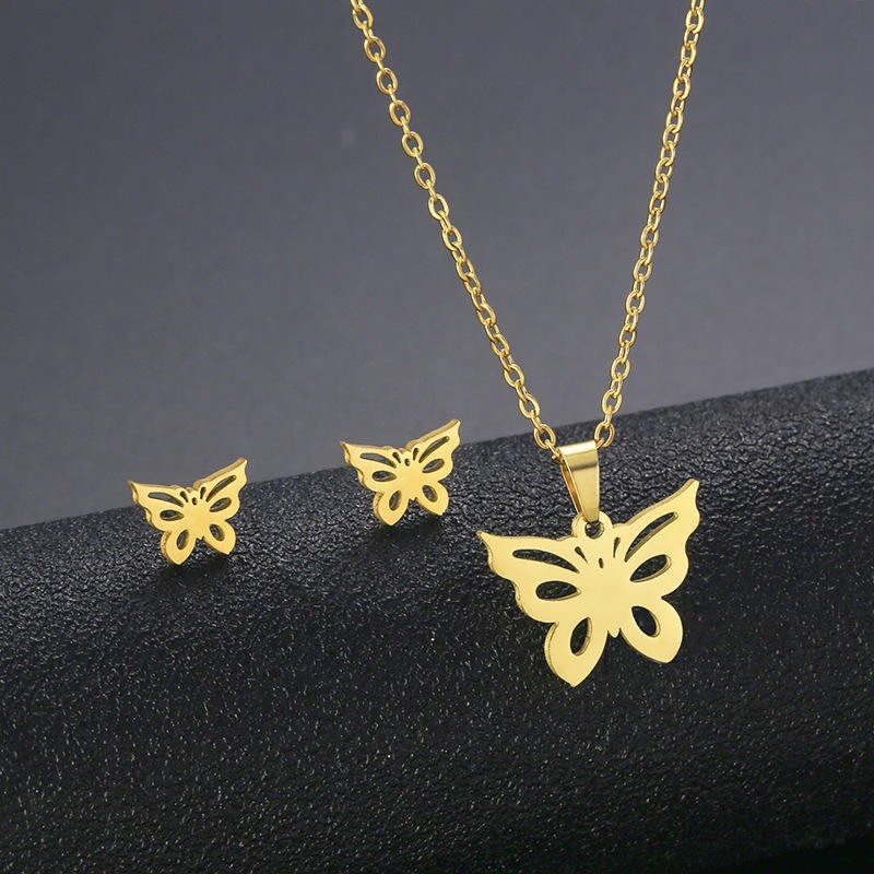 Korean Finger Heart Necklace Earrings Set Gold Stainless Steel Jewelry For Her