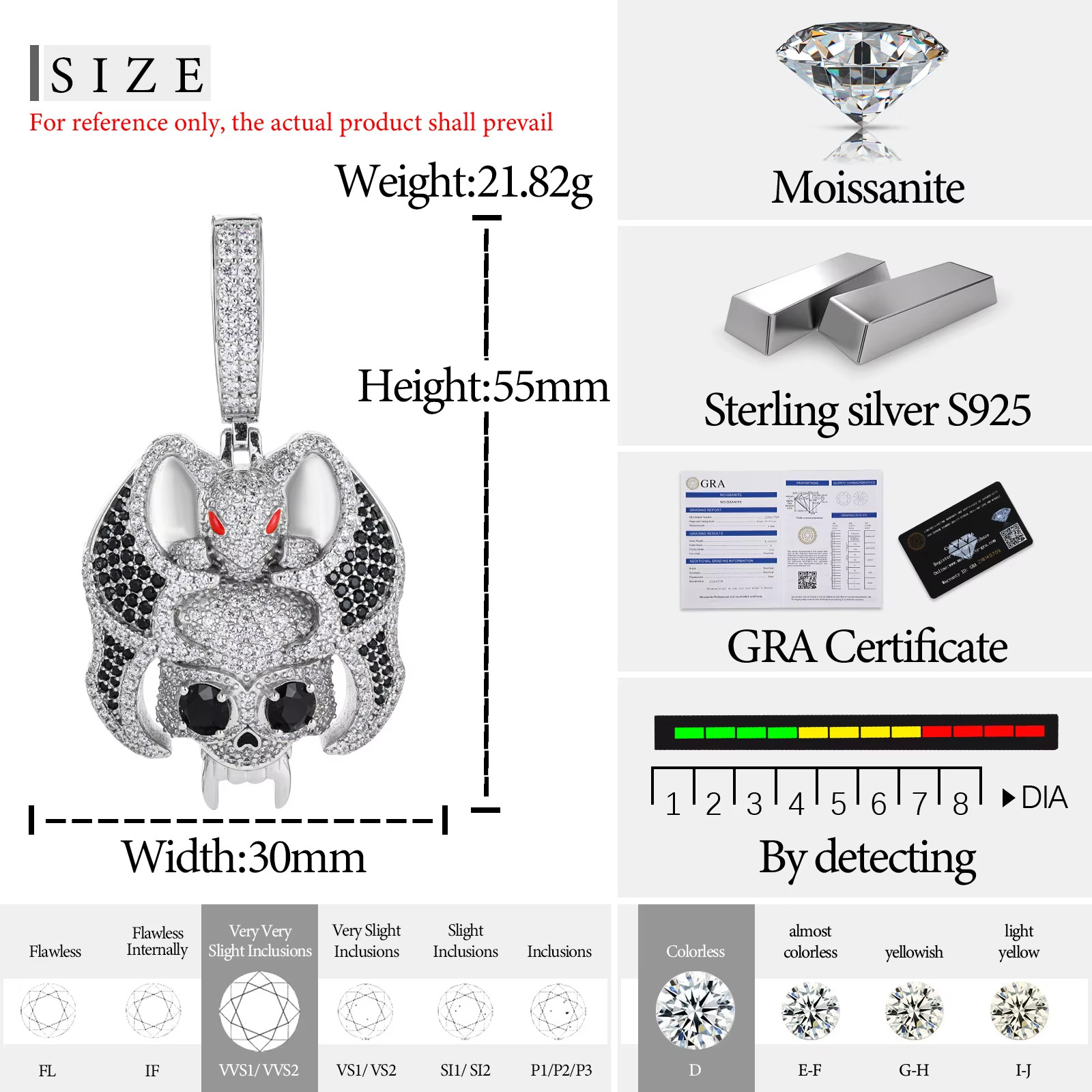 Iced Out Bat Skull Moissanite Pendant 925 Silver Black Stones Hip Hop Jewelry