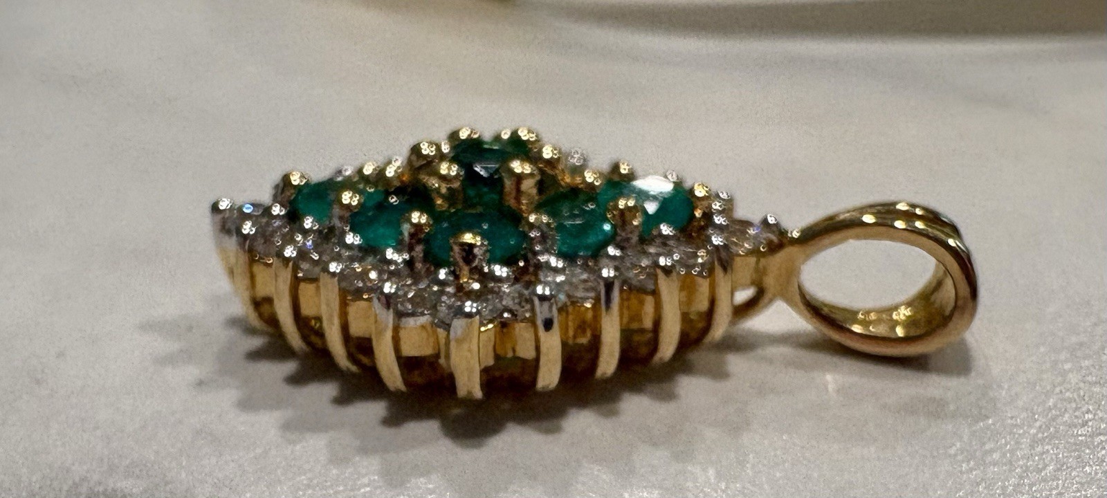 Vintage Marquise-shaped Emerald and Diamond Cluster Pendant 925 14K Gold Plated