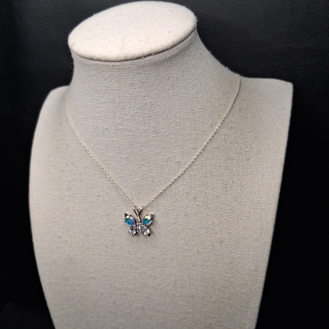 STERLING Silver 925 Chain Necklace Butterfly Pave Pendant W/ Crystal. 16.779