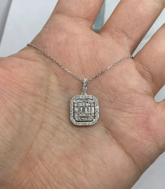 Real Moissanite 2.5Ct Baguette Cut Cluster Pendant 14K White Gold Plated Silver