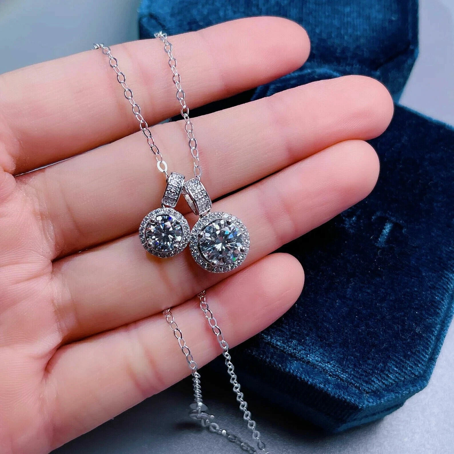 14K White Gold Finish 3Ct Round Cut diamond Double Halo Pendant Free Chain