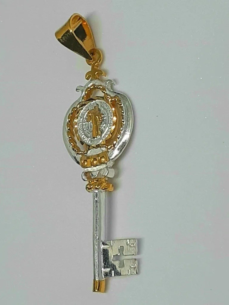 24k Gold Plated 925 Sterling Silver San Benito Saint Benedict Key Pendant Mexico
