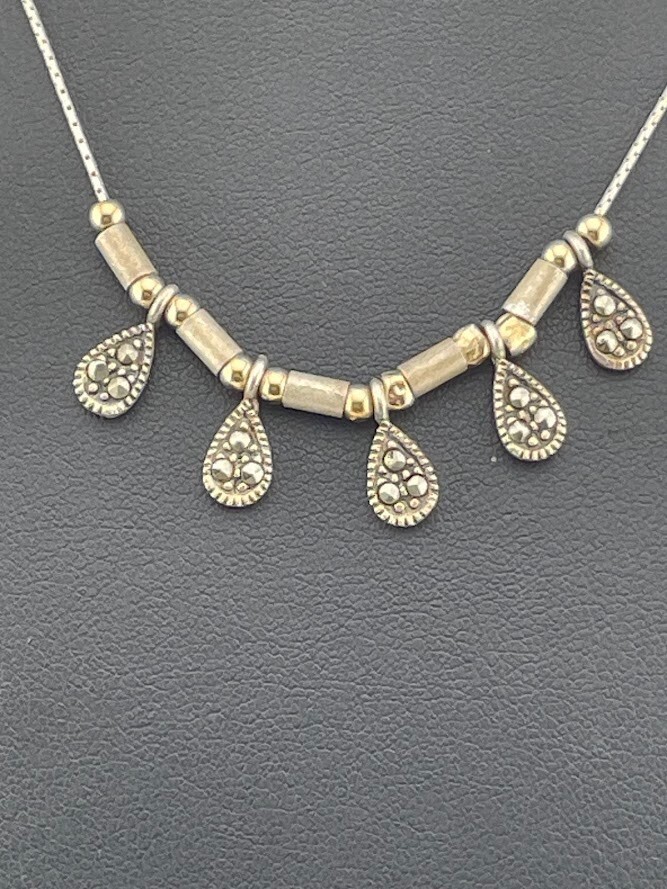 ITALY 925 STERLING SILVER 2 TONE BEADS MARCASITE TEARDROP NECKLACE 16″ MOD 1723