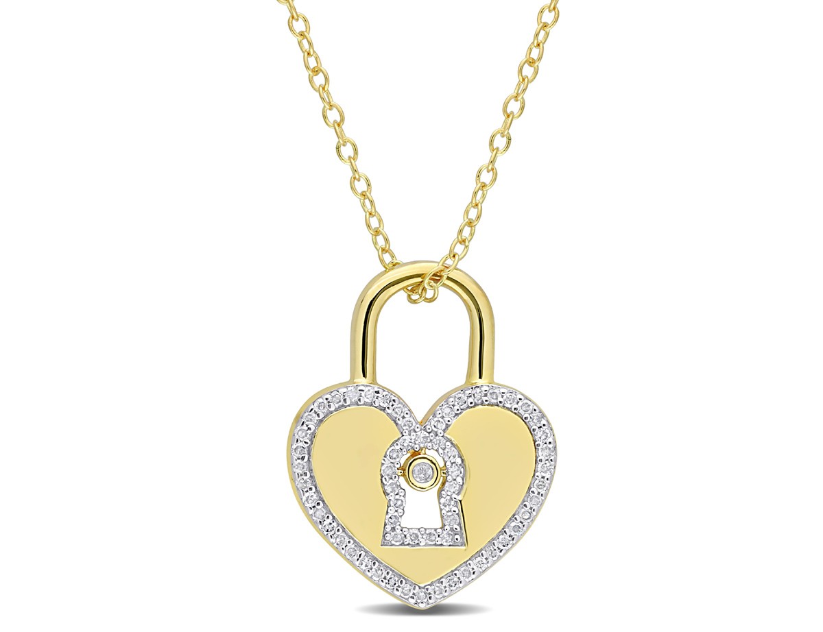 1/5 Carat (ctw) Diamond Heart Lock Necklace Yellow Plated Sterling Silver