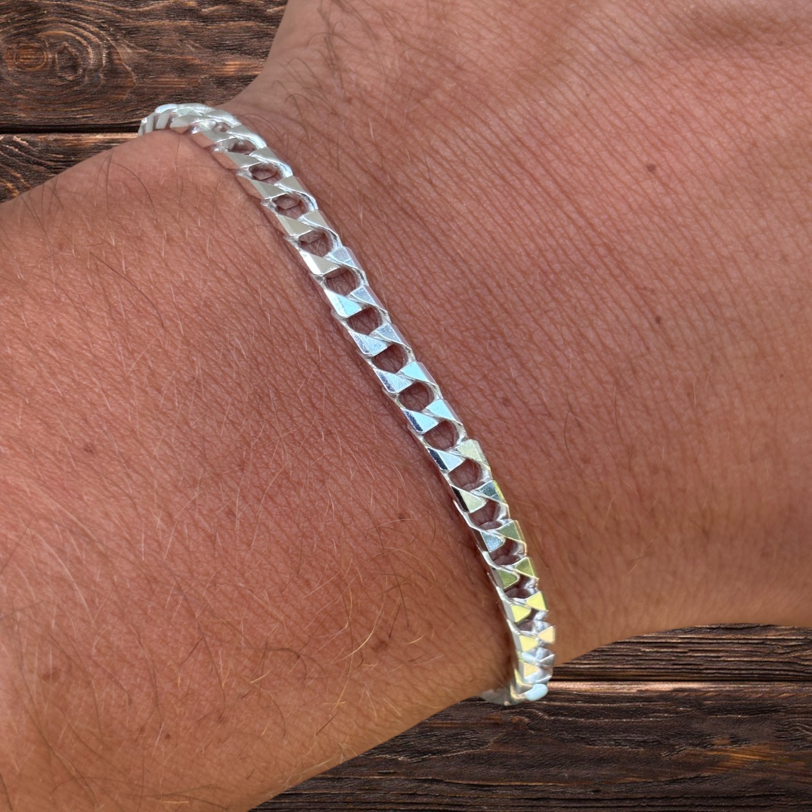 4mm Square Curb Link Bracelet – Real Solid 925 Sterling Silver MADE IN ITALY