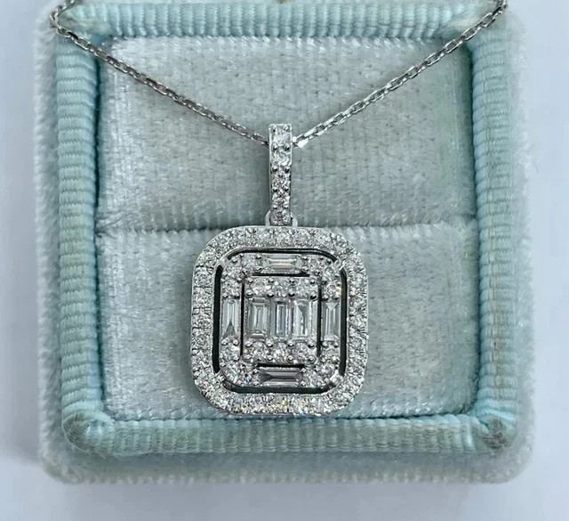 Real Moissanite 2.5Ct Baguette Cut Cluster Pendant 14K White Gold Plated Silver