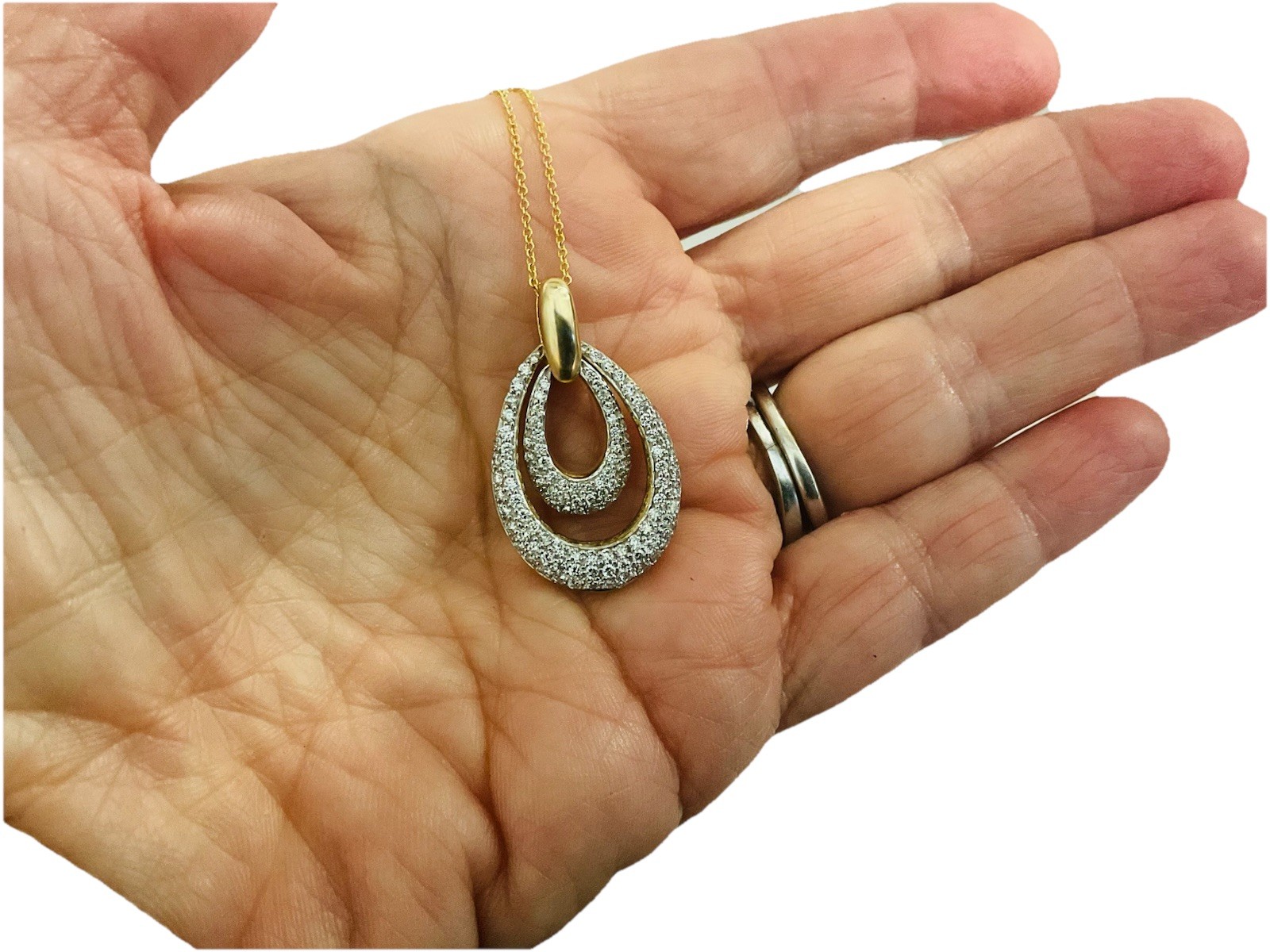 Diamond Pave 14k Gold Oval Double Hoop Pendant Necklace 18”