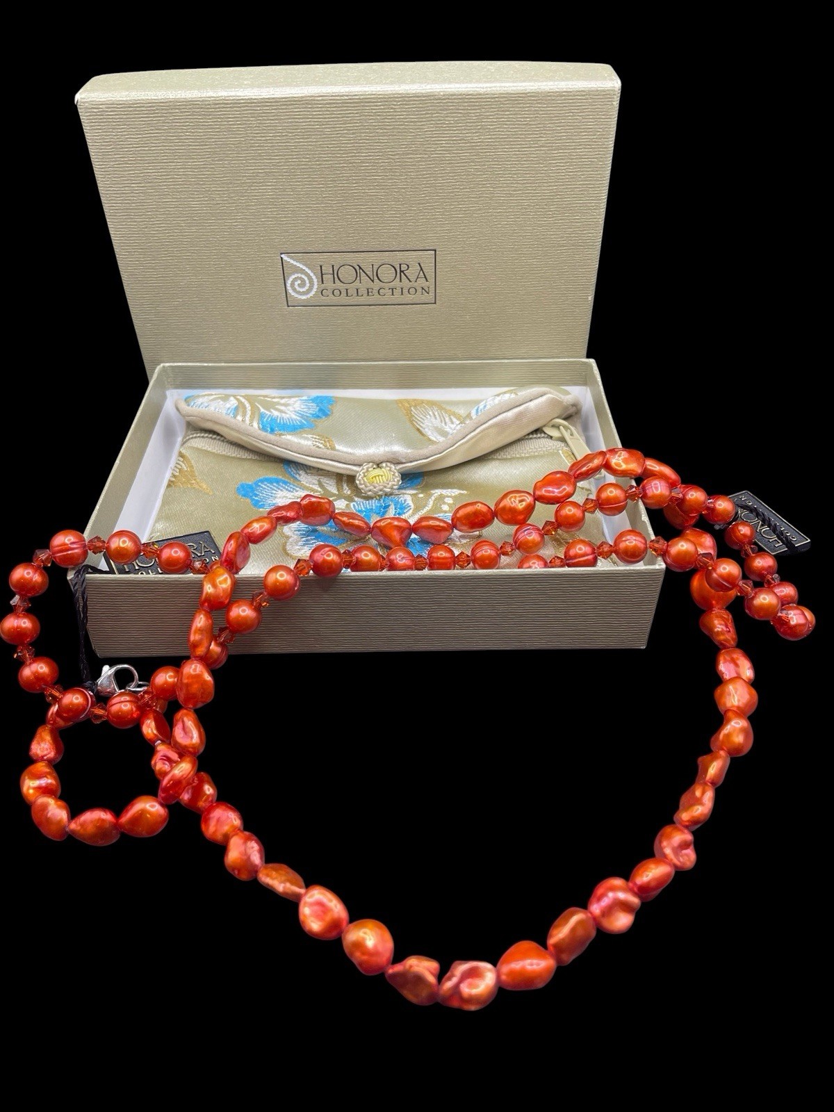 SET OF TWO STRANDS HONORA METALIC ORANGE FRESHWATER PEARL NECKLACES NEW IN BOX