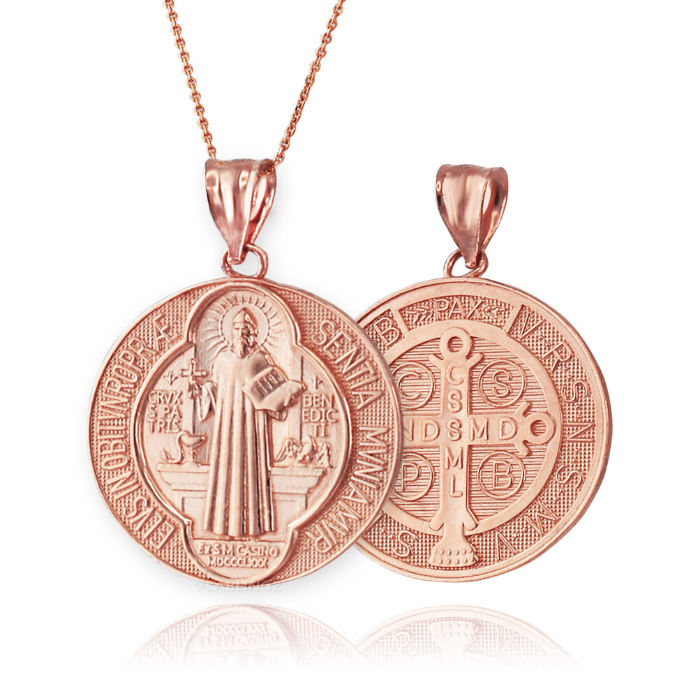 Gold Saint Benedict Medal Reversible Pendant Necklace – 10k & 14k Yellow, White