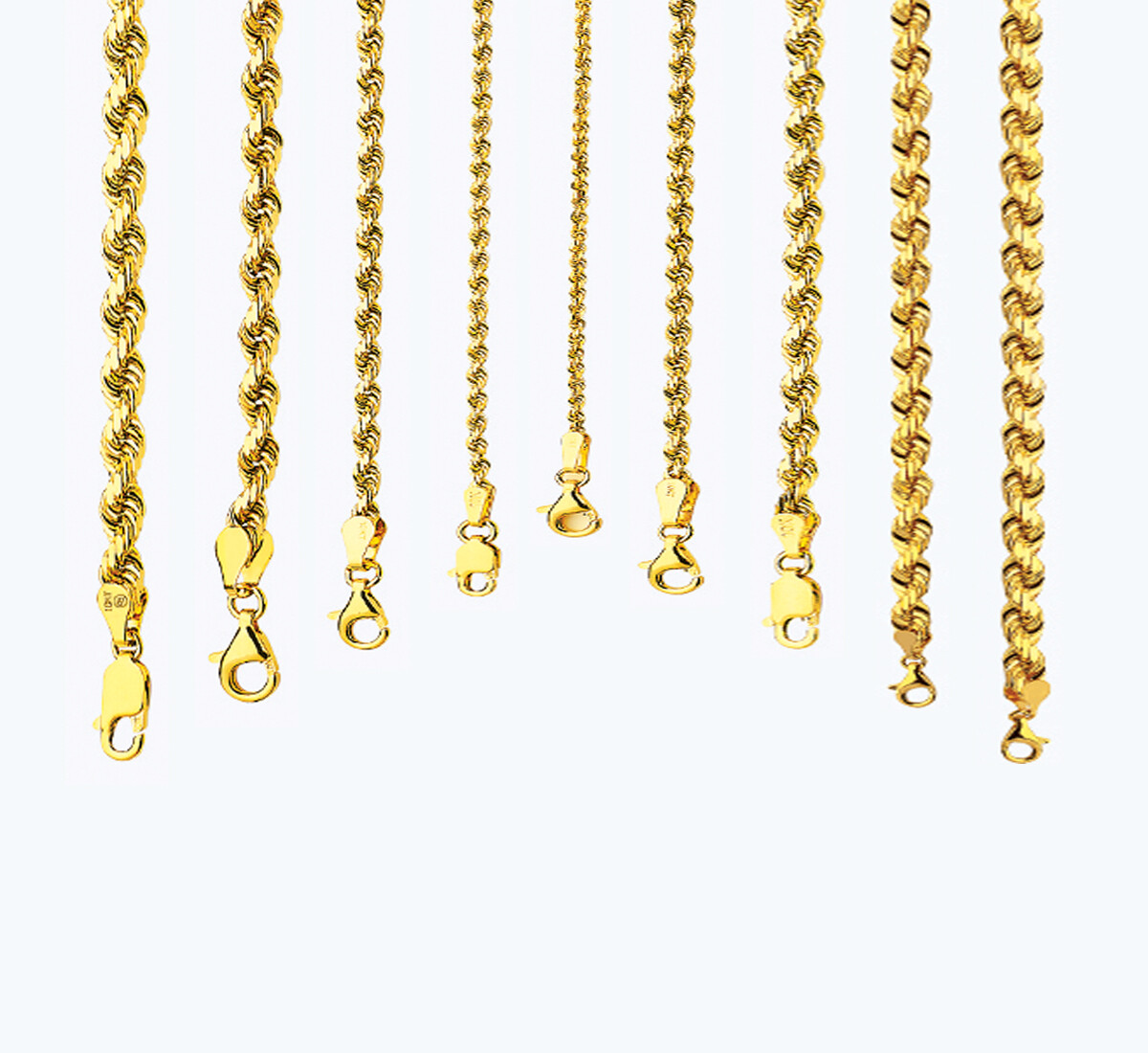 10k Yellow Gold 1.5mm-8mm Solid D/Cut Rope Chain Bracelet Size 7″-30″