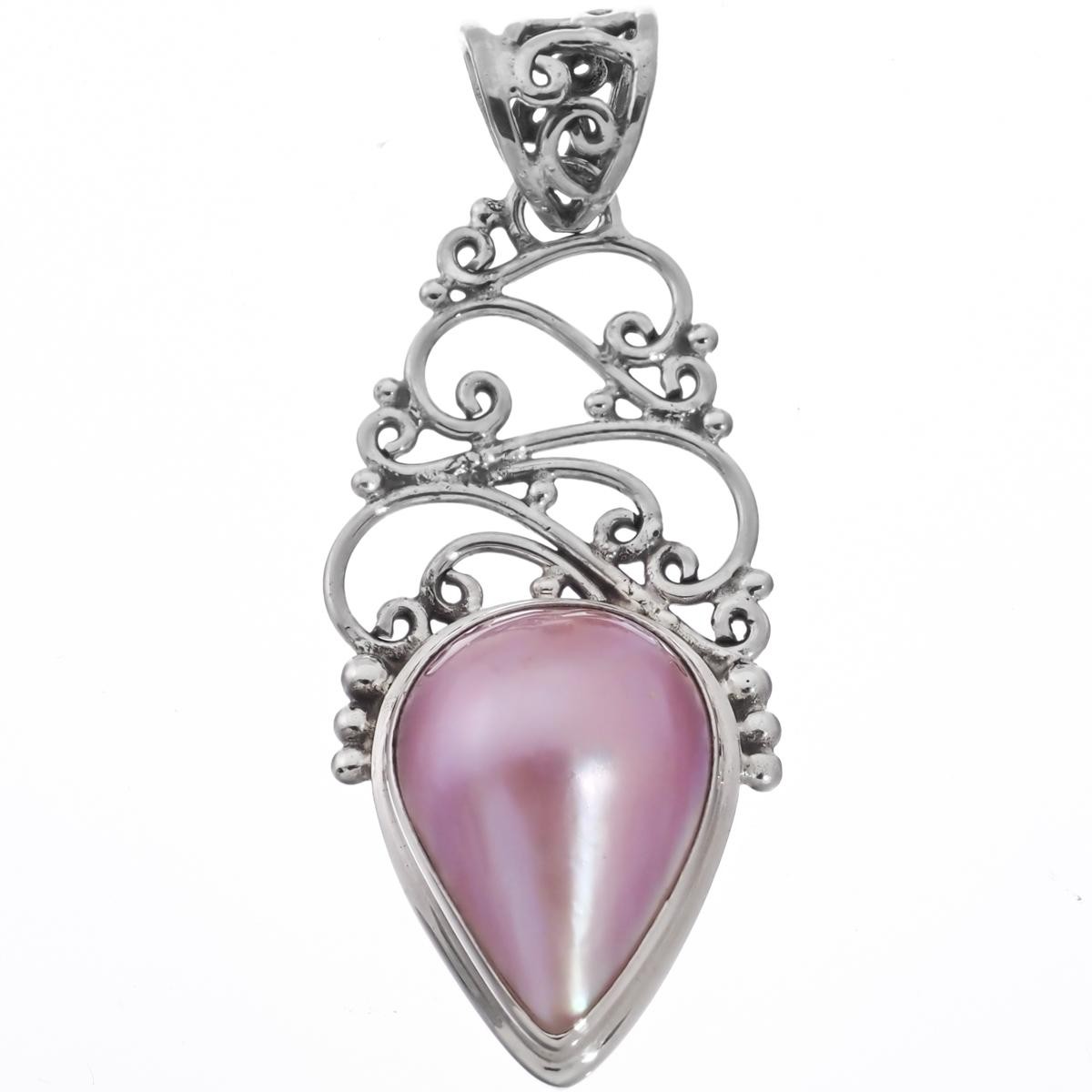 925 Sterling Silver Pink Mabe Ocean Cultured Filigree Sterling Pendant, 1 7/8″