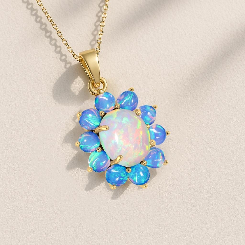 Fire White and Blue Opal Gemstone Charm Pendant Necklace, Natural Opal Gemstone