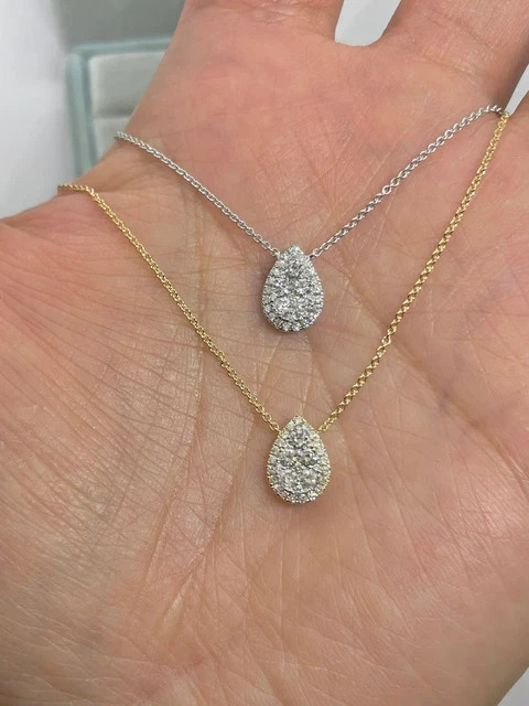 Real Moissanite 1Ct Round Cut Teardrop Pendant 14K White Gold Plated Silver 18′